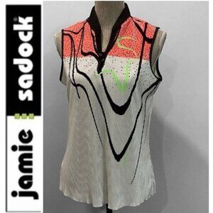 Jamie Sadock Pleated Sleeveless Blouse Black White Neon Pink Print Size Medium